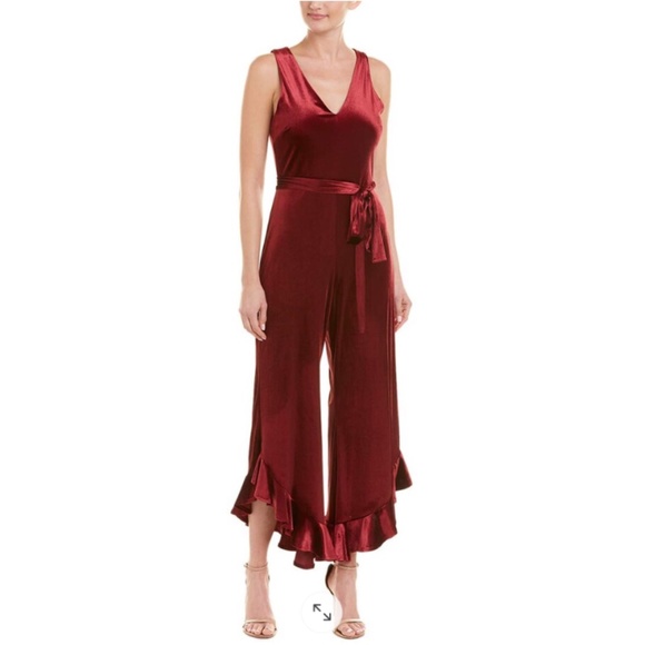Betsey Johnson Pants - BETSEY JOHNSON Burgundy Flared Ruffle Leg Velvet Jumpsuit Sz 12